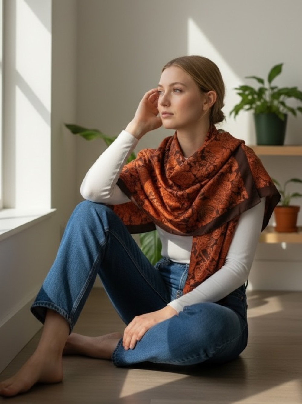 Elegant Brown and Orange Floral Pattern Scarf